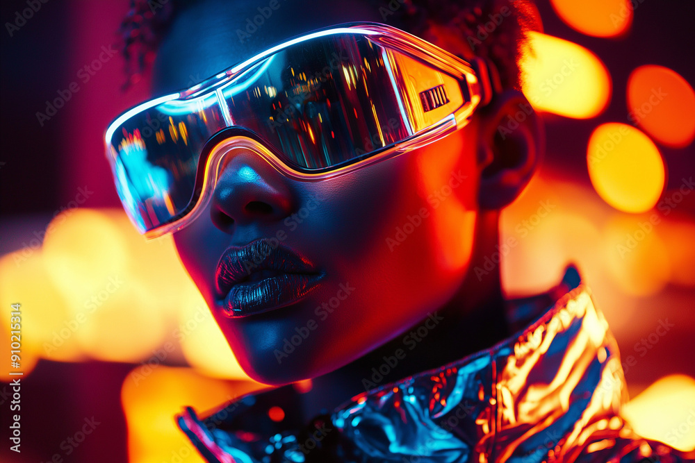 Futuristic fashion portrait of a woman wearing reflective goggles and metallic clothing Futuristic fashion portrait of a woman wearing reflective goggles and metallic clothing