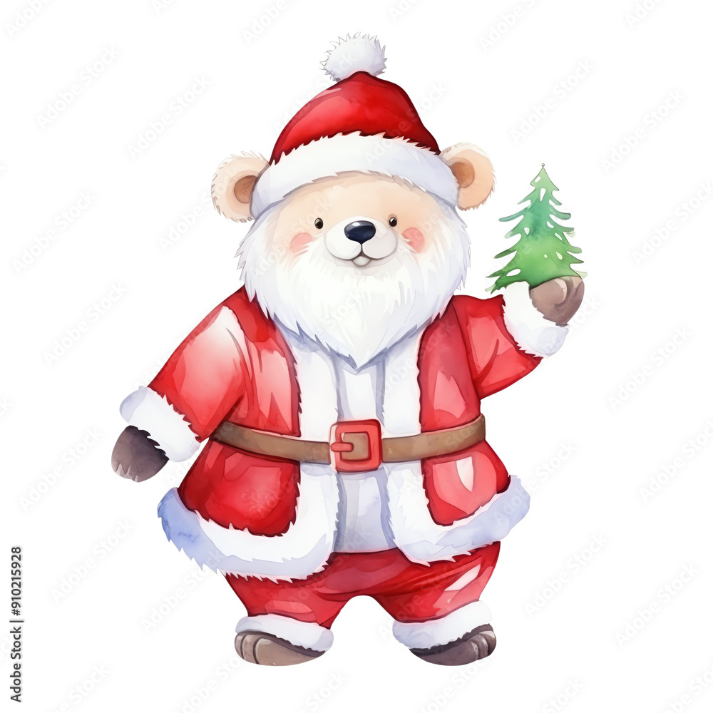 Cute bear dressed as Santa Claus holding a small Christmas tree, ideal for holiday-themed designs and decorations. Cute bear dressed as Santa Claus holding a small Christmas tree, ideal for holiday-themed designs and decorations.