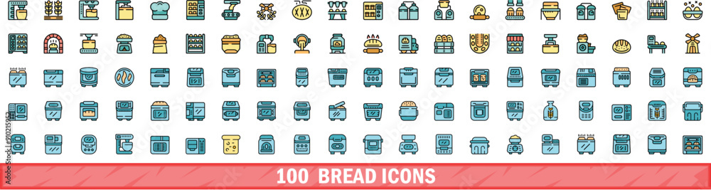 100 bread icons set. Color line set of bread vector icons thin line color flat on white 100 bread icons set. Color line set of bread vector icons thin line color flat on white
