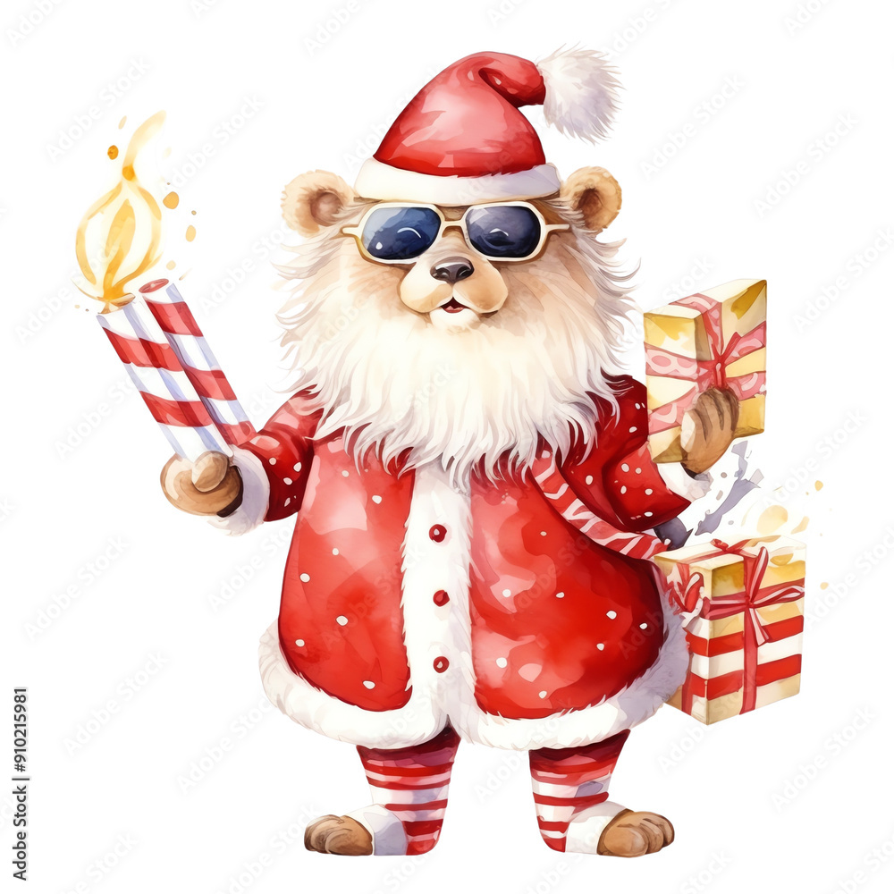 Obraz premium Cartoon bear dressed as Santa Claus holding a candle and gifts. Perfect for Christmas holiday themes and festive decorations.