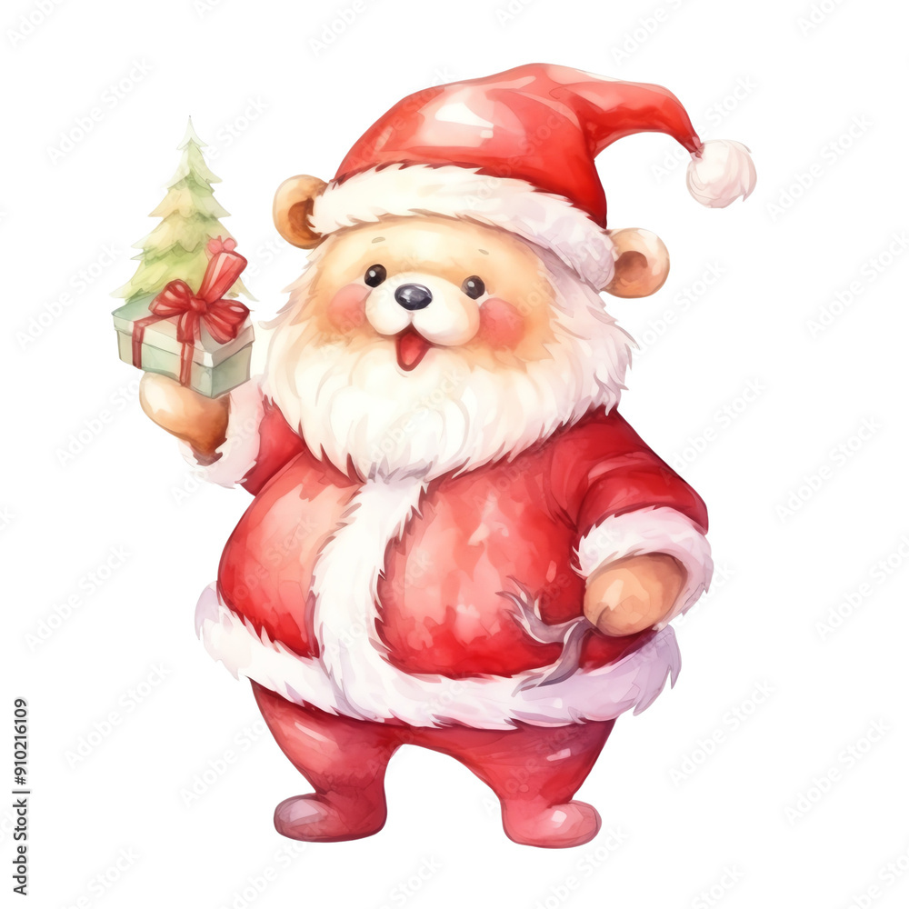 Cute Santa bear holding a gift and a small Christmas tree, perfect for holiday greeting cards and festive decorations. Cute Santa bear holding a gift and a small Christmas tree, perfect for holiday greeting cards and festive decorations.