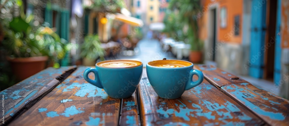 Fototapeta premium Two Cups of Coffee on a Rustic Table in a European Village