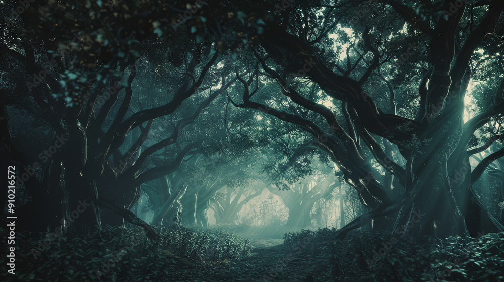 Mystical forest path under a thick canopy of ancient, entangled trees ...