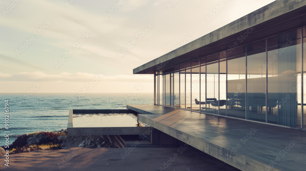 A modern seaside villa with expansive glass walls offering panoramic ocean views, blending architectural elegance with natural beauty. A modern seaside villa with expansive glass walls offering panoramic ocean views, blending architectural elegance with natural beauty.