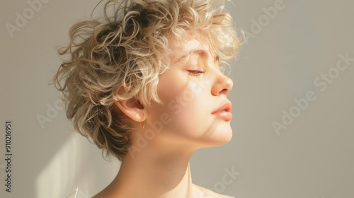 Side profile of a person with short curly blonde hair lit softly by the sun, eyes closed, basking in tranquil light.