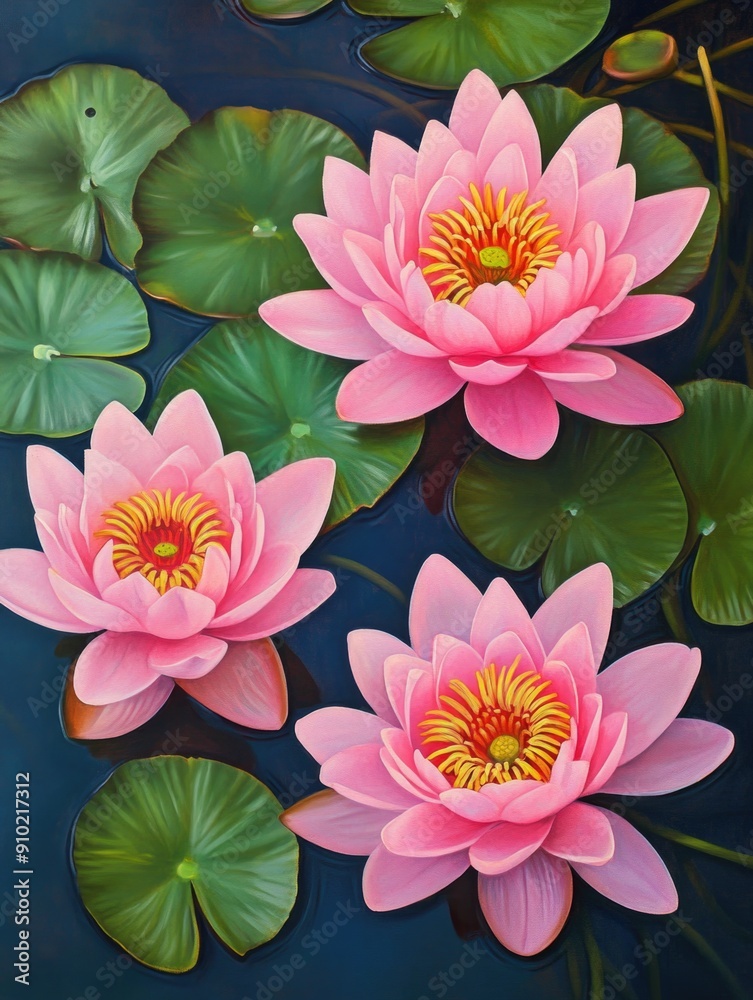 A serene scene of pink water lilies floating on the surface of a peaceful pond A serene scene of pink water lilies floating on the surface of a peaceful pond
