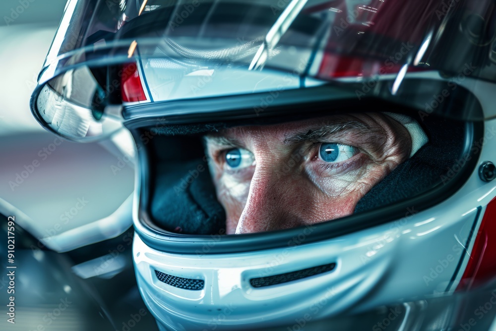 Focused Race Car Driver Wearing Helmet During High-Speed Track Lesson Focused Race Car Driver Wearing Helmet During High-Speed Track Lesson