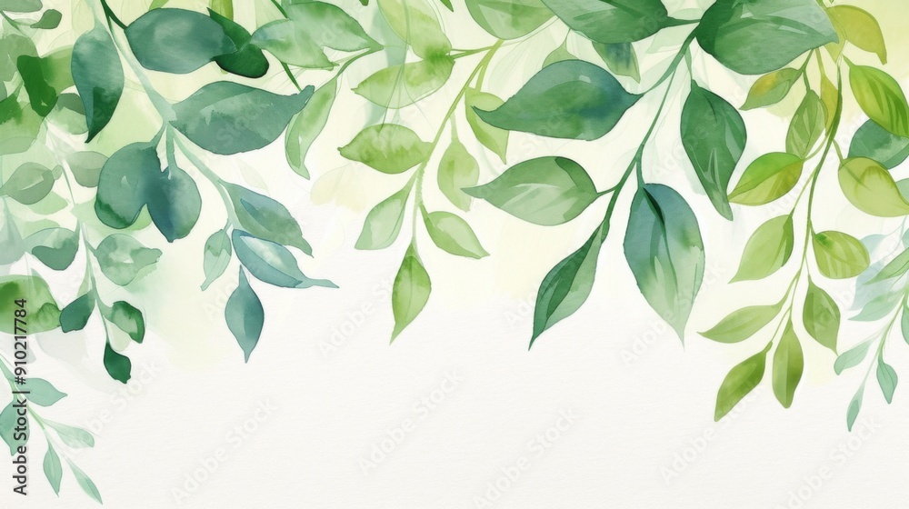 Watercolor illustration of green branches and leaves Watercolor illustration of green branches and leaves