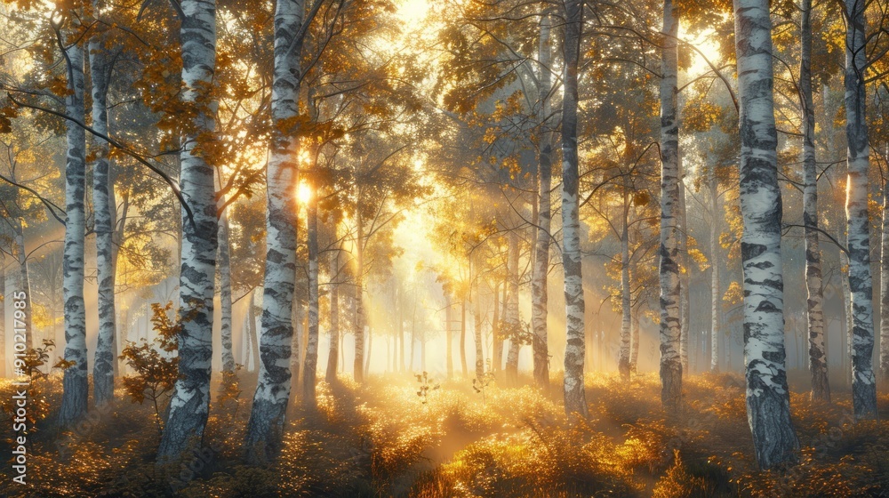 Obraz premium Golden Hour in the Birch Forest