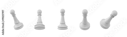 White Pawn chess piece 3d plastic style vector icon set, realistic chessmen, strategy intellectual board game figurine