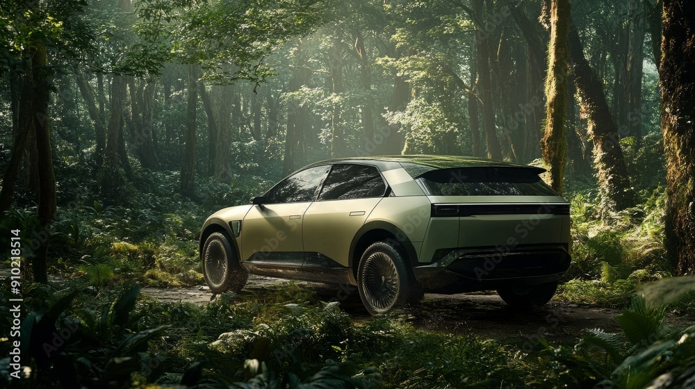 A modern electric SUV navigates through a dense green forest, surrounded by tall trees and vibrant foliage during twilight hours. A modern electric SUV navigates through a dense green forest, surrounded by tall trees and vibrant foliage during twilight hours.