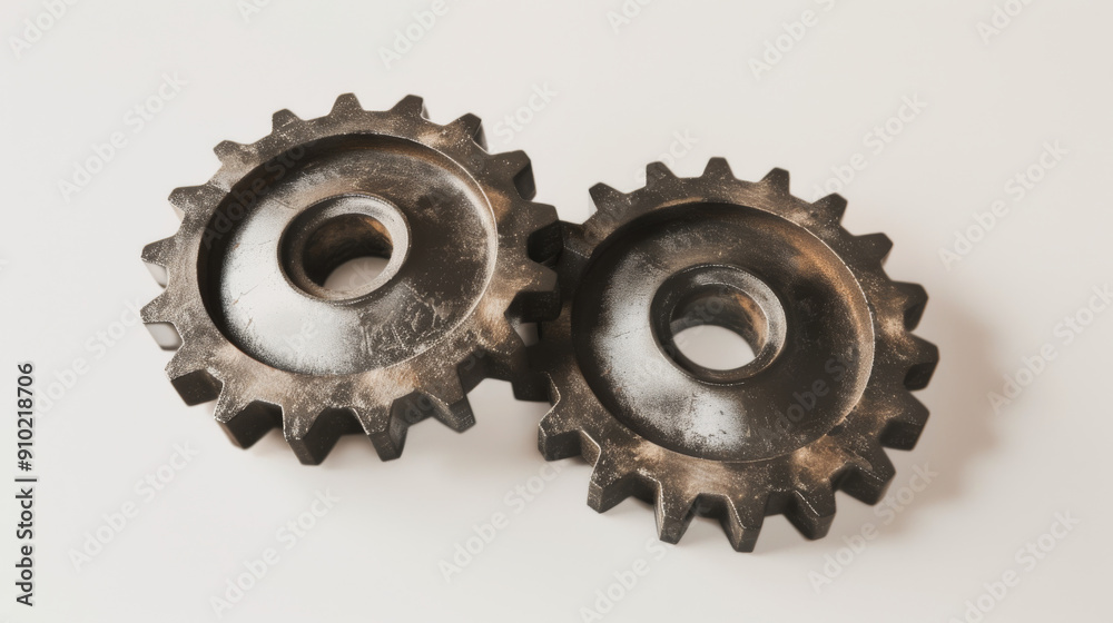 Two aged, industrial metal gears placed on a plain white background, highlighting their wear and texture. Two aged, industrial metal gears placed on a plain white background, highlighting their wear and texture.