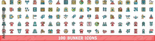 100 bunker icons set. Color line set of bunker vector icons thin line color flat on white
