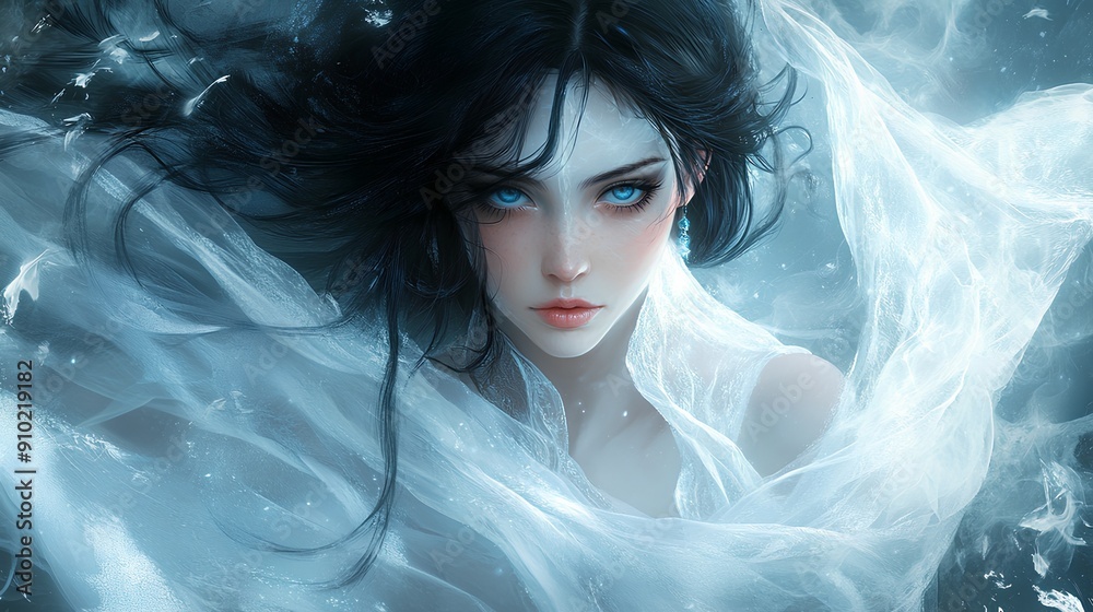 a digital painting of a woman with long, flowing black hair. She has a pale complexion and striking, intense eyes. Her expression is serious and somewhat ethereal a digital painting of a woman with long, flowing black hair. She has a pale complexion and striking, intense eyes. Her expression is serious and somewhat ethereal