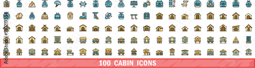 100 cabin icons set. Color line set of cabin vector icons thin line color flat on white
