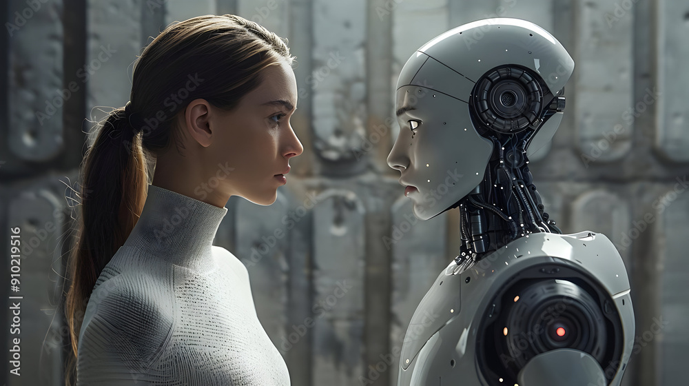 Woman and Robot Face-to-Face - Realistic Illustration Woman and Robot Face-to-Face - Realistic Illustration
