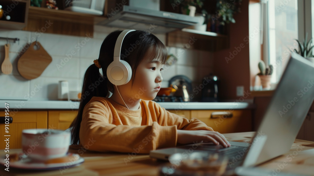 A focused young girl with headphones works intently on her laptop at a sunlit kitchen table. A focused young girl with headphones works intently on her laptop at a sunlit kitchen table.
