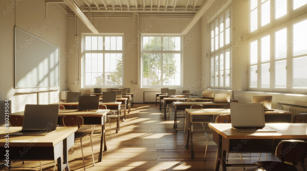 A spacious, sunlit classroom with wooden desks and chairs arranged neatly, large windows allowing natural light to flood the clean and organized learning environment. A spacious, sunlit classroom with wooden desks and chairs arranged neatly, large windows allowing natural light to flood the clean and organized learning environment.