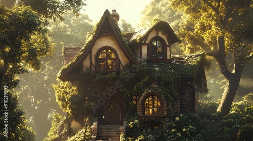 a charming, fairy-tale-like house nestled in a lush, green forest. The house has a whimsical design with curved, thatched roofs and arched windows