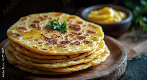 A stack of golden brown flatb ready to be served on wooden plate, sitting on rustic table with wood and dark background.