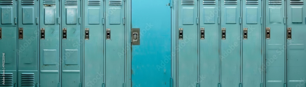 Empty blue locker among closed ones, minimalistic setting Empty blue locker among closed ones, minimalistic setting