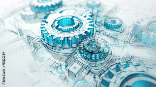 Blueprint with 3D Gears in Blue and White