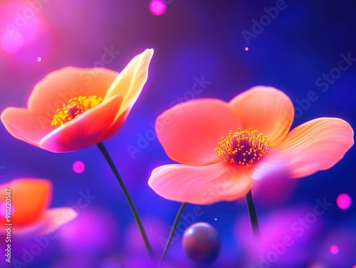 Vibrant blossoms bathed in magical light amidst a dreamy background