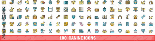 100 canine icons set. Color line set of canine vector icons thin line color flat on white