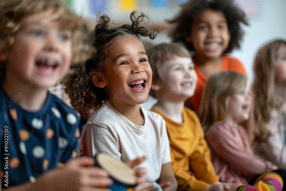 Joyful Children Participating in an Interactive Singing School Lesson with Visual Aids and Instruments Joyful Children Participating in an Interactive Singing School Lesson with Visual Aids and Instruments