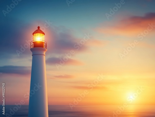 Golden sunset over tranquil waters with illuminated lighthouse