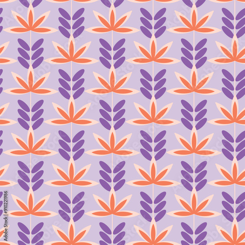 Abstract purple and orange flowers seamless pattern geometric floral motif purple background. Vintage ornamental design fashion fabric textile swatch decorative ornament. Vector pattern