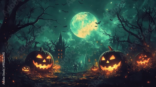 A haunting Halloween landscape with glowing pumpkins, eerie trees and a full moon casting a mysterious glow over the scene.