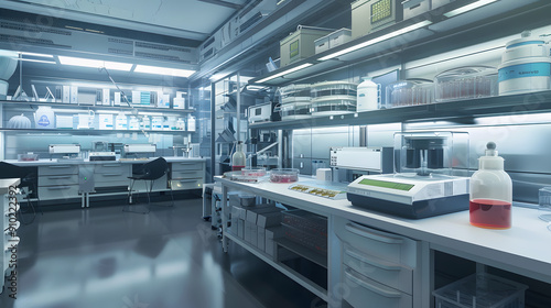 Modern Scientific Lab: A sterile and sleek laboratory setting, designed for scientific research, features high-tech equipment, shelves filled with beakers and vials, and a clean, minimalist aesthetic.