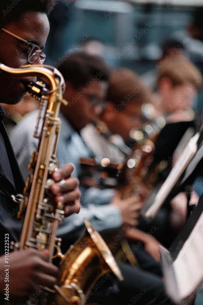 Fototapeta premium Lively Jazz Improvisation Class with Students Playing Trumpet, Saxophone, and Double Bass