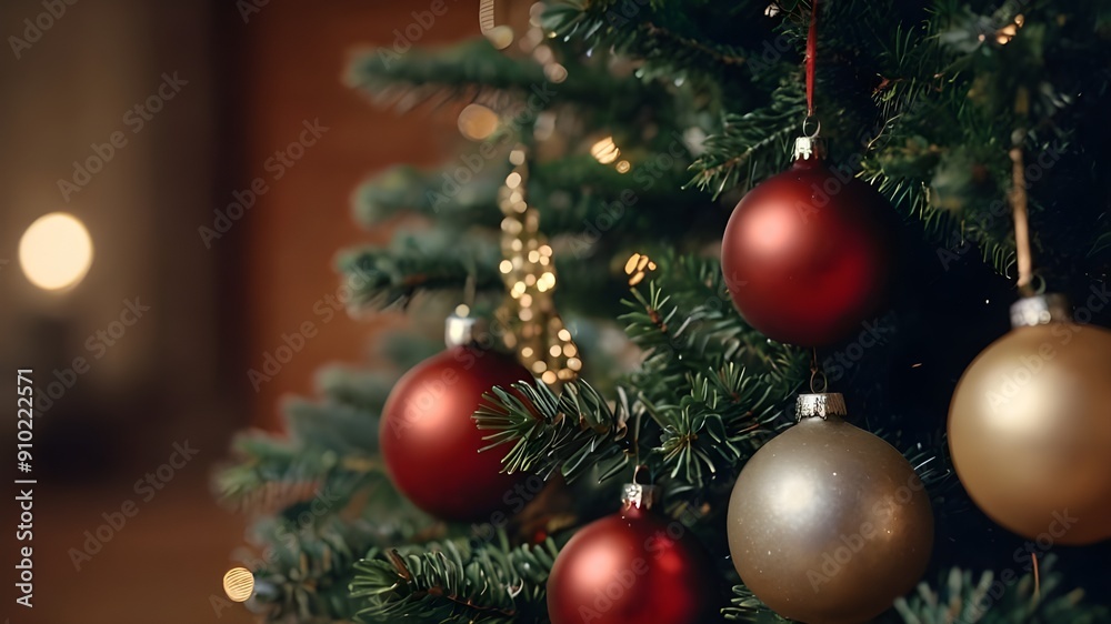 Close up of balls on Christmas tree. Bokeh garlands in the background. New Year concept. Close up of balls on Christmas tree. Bokeh garlands in the background. New Year concept.