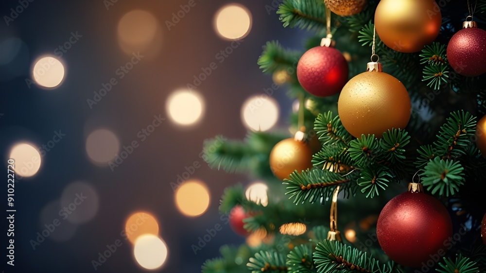 Fototapeta premium Close up of balls on Christmas tree. Bokeh garlands in the background. New Year concept.