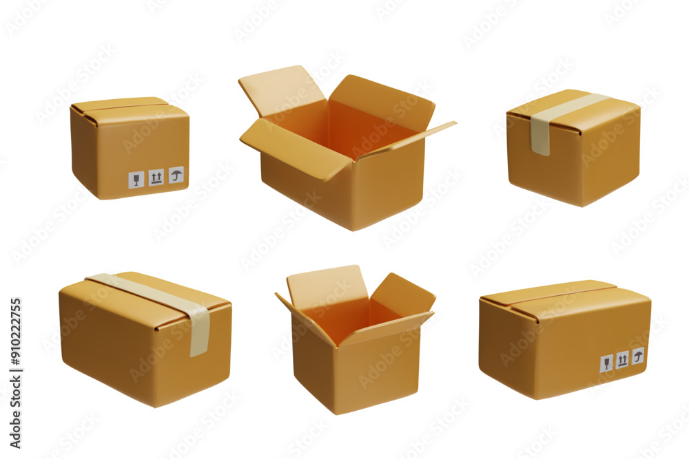 Collection vector 3D cardboard boxes, closed and open, with adhesive tape on a white background, Collection vector 3D cardboard boxes, closed and open, with adhesive tape on a white background,