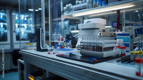 Laboratory Research: A sterile and technologically advanced laboratory workspace, showcasing the precision and detail of scientific research. A close-up view of test tubes and equipment creates a sens