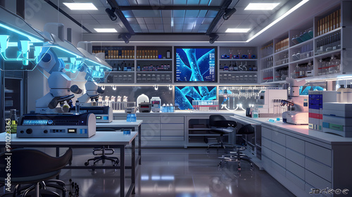 Cutting-Edge Laboratory: A state-of-the-art research facility equipped with advanced technology and bathed in cool blue light.