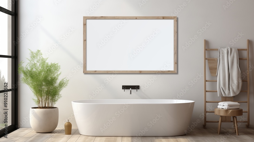 Bathroom picture mockup. A modern bathroom featuring a freestanding white bathtub, a wooden-framed picture mockup, and a tall plant in a pot. Bathroom picture mockup. A modern bathroom featuring a freestanding white bathtub, a wooden-framed picture mockup, and a tall plant in a pot.