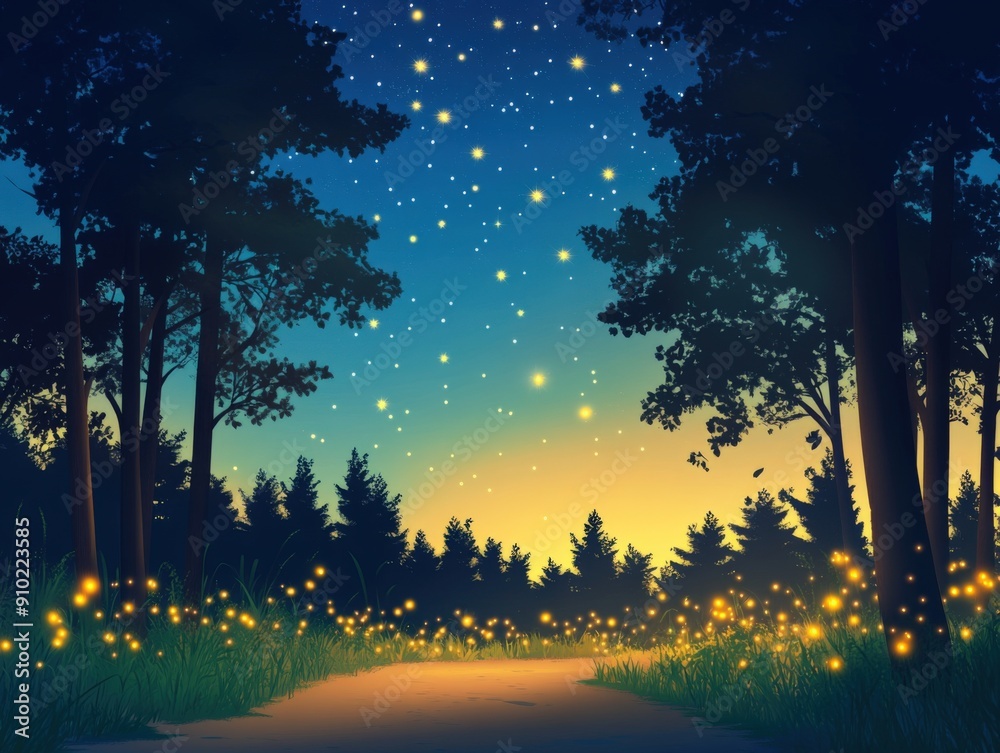 Magical fireflies illuminate the twilight path in a enchanted forest Magical fireflies illuminate the twilight path in a enchanted forest