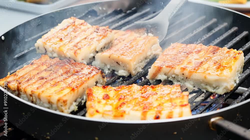 Grilled squares of halloumi cheese with distinctive grill marks that add a delicious texture and flavour