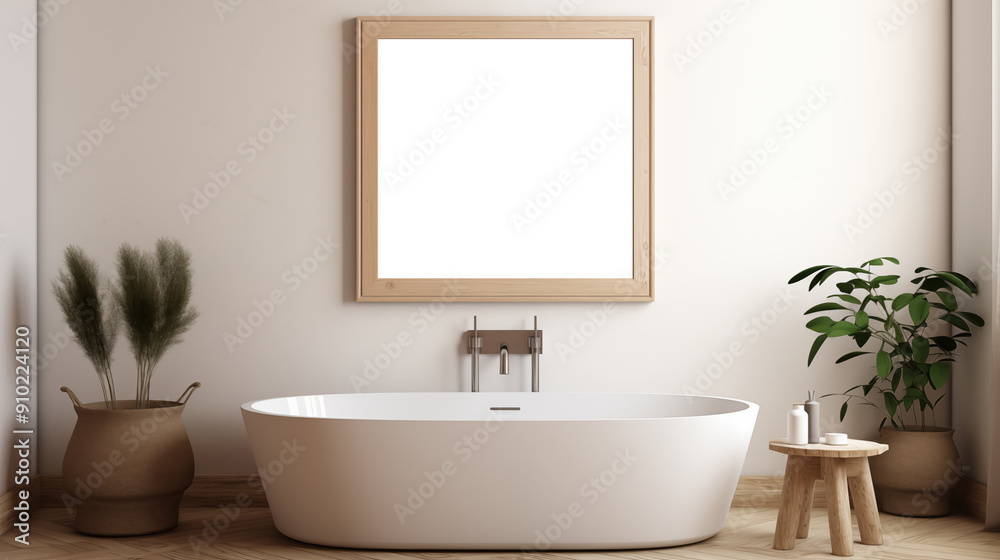 Bathroom picture canvas mockup. A modern bathroom featuring a freestanding white bathtub, a large empty wooden-framed picture mockup, a small wooden stool Bathroom picture canvas mockup. A modern bathroom featuring a freestanding white bathtub, a large empty wooden-framed picture mockup, a small wooden stool