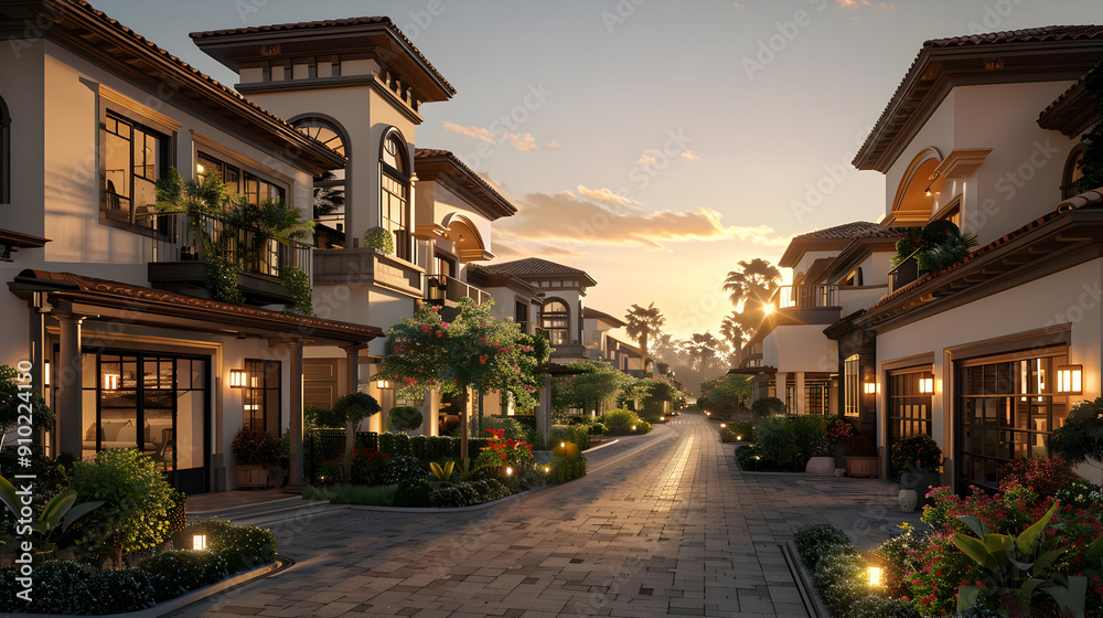 3D Rendering of a Modern Mediterranean Street at Sunset 3D Rendering of a Modern Mediterranean Street at Sunset