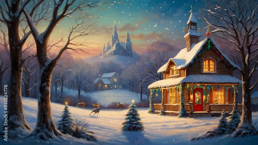 Fototapeta premium Christmas tree and snow falling