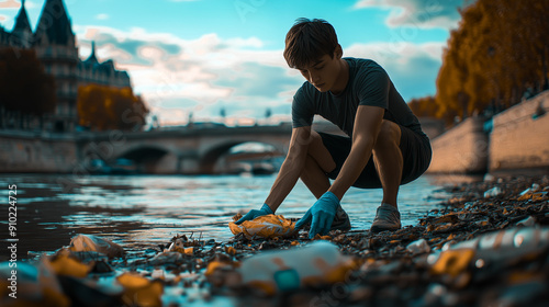 Fototapeta Naklejka Na Ścianę i Meble -  A dynamic Gen Z athlete, embodying eco-consciousness, strides confidently through the iconic streets of Paris, with the Eiffel Tower as a majestic backdrop, advocating for sustainable practices.