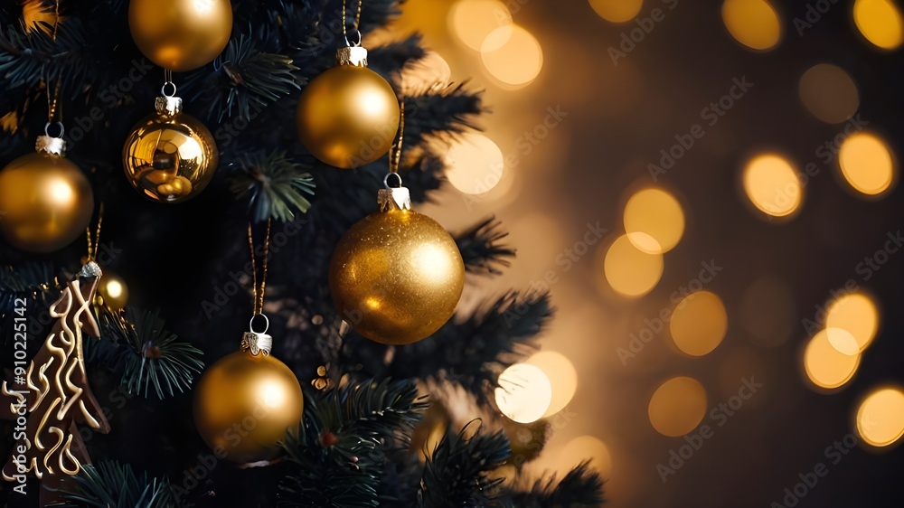 Gold and black Decorated Christmas tree on blurred background. Christmas tree concept background. Merry Christmas and New Year concept. Gold and black Decorated Christmas tree on blurred background. Christmas tree concept background. Merry Christmas and New Year concept.