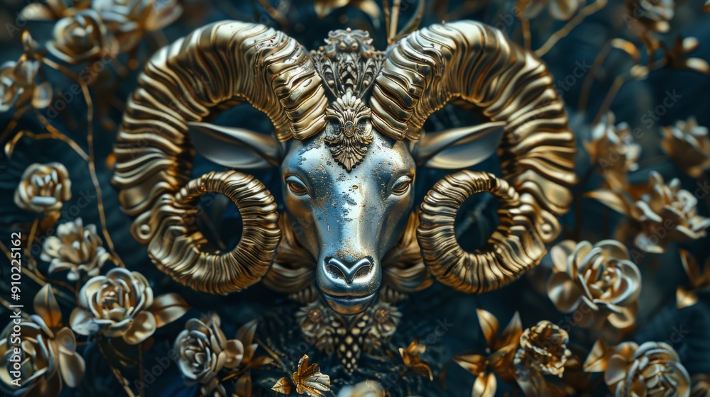 Obraz premium Golden Ram Head with Floral Accents