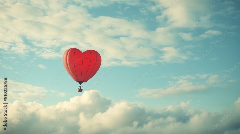 Fototapeta premium A red heart-shaped balloon floats high above, suggesting a romantic or celebratory atmosphere