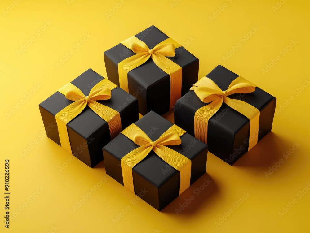 A collection of three black boxes adorned with bright yellow bows A collection of three black boxes adorned with bright yellow bows